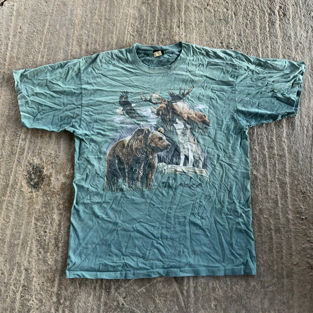VINTAGE 90S PRAIRIE MOUNTAIN T-SHIRT ANIMAL NATURE BEAR MOOSE FADED GREEN MEN XL